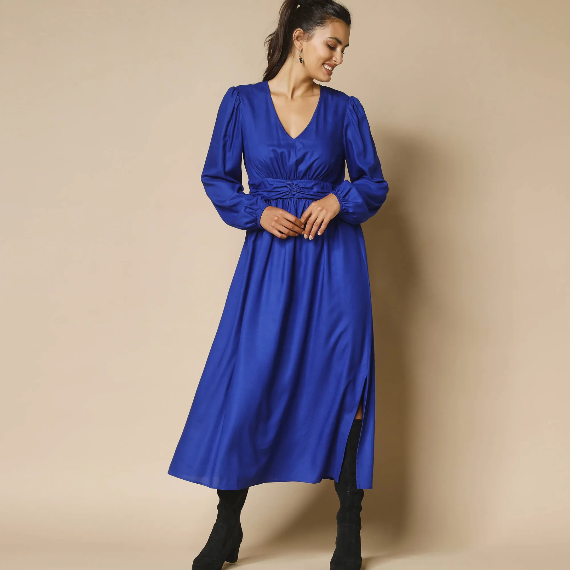 Feestoutfits Dames|Jurk<Blancheporte Effen lange jurk, fantasietailleband blauw