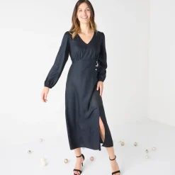 Feestoutfits Dames|Jurk<Blancheporte Effen lange jurk met V-hals zwart