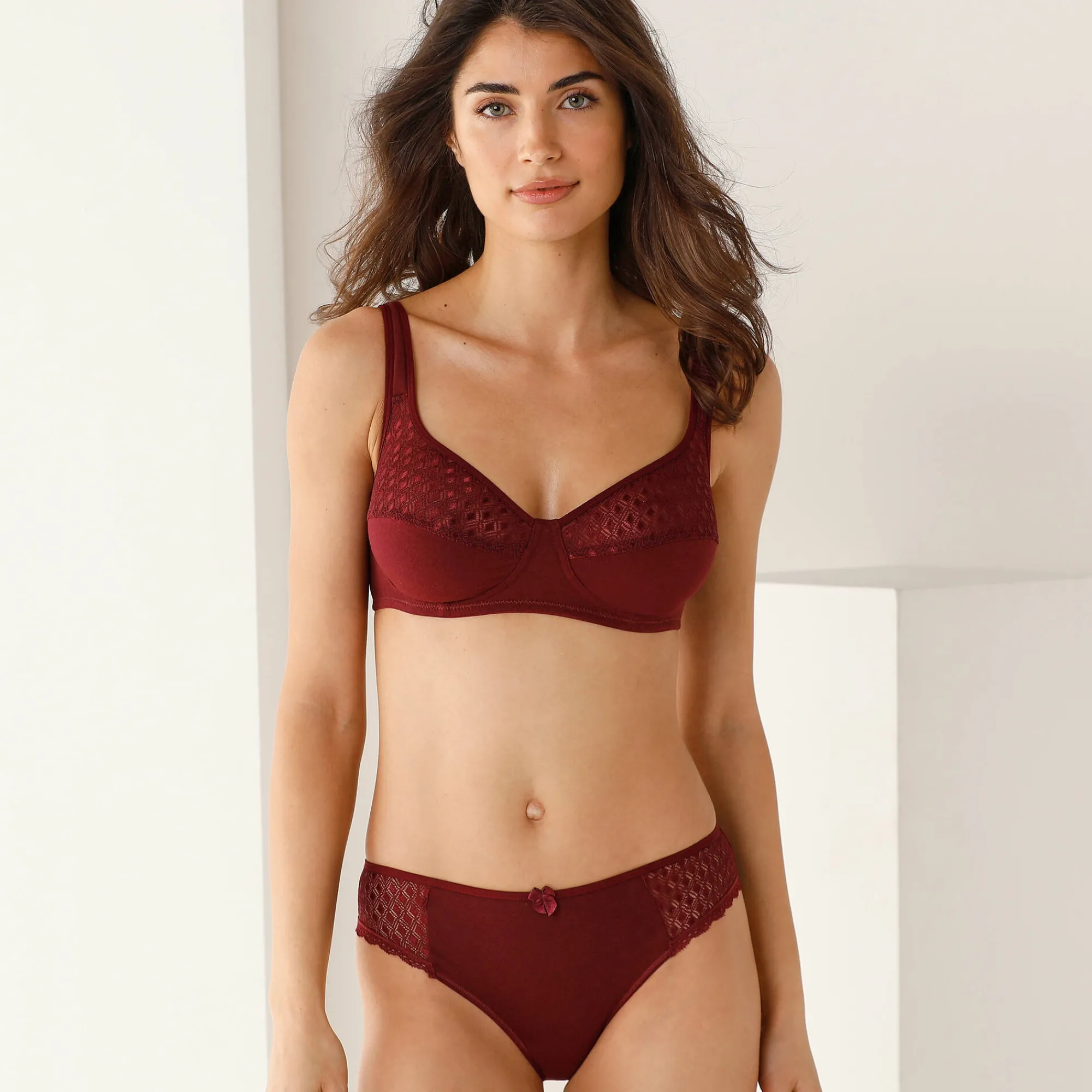 Slip En Shorty<Confidence Lingerie Effen midislip in katoen en kant Coria - set van 2 bordeaux