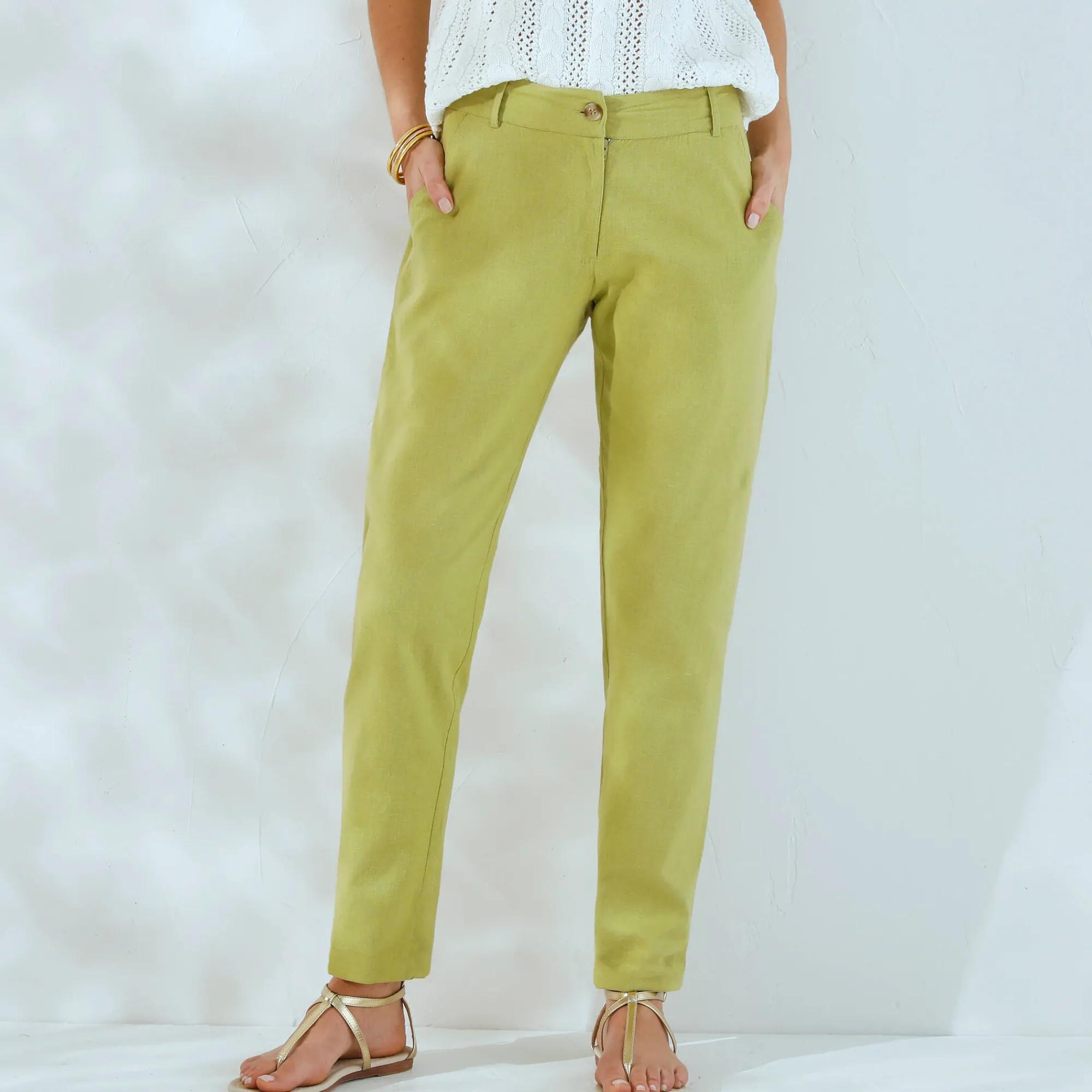 Broek<Blancheporte Effen mom fit broek in katoen-linnen mosgroen