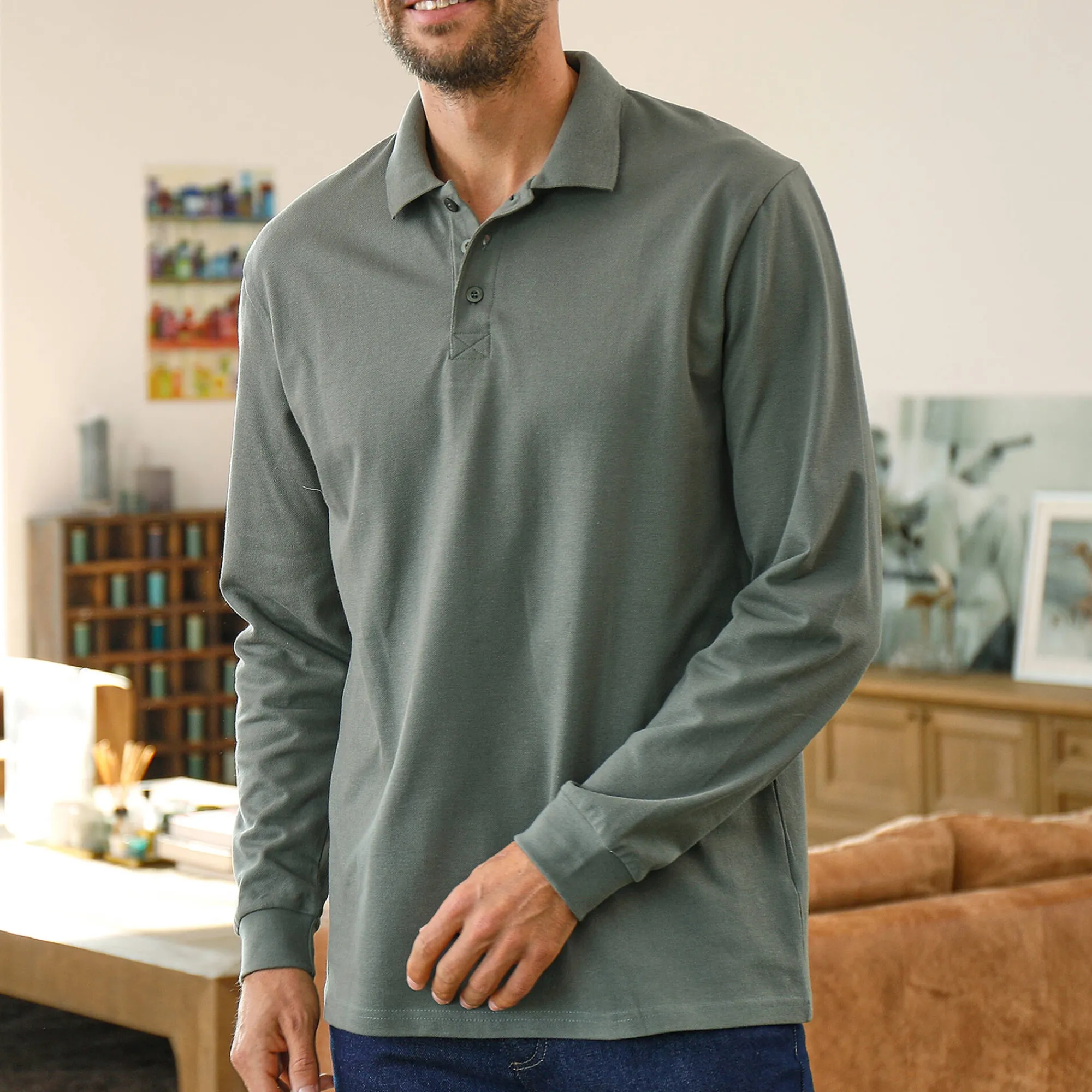T-Shirt, Hemd En Polo<Blancheporte Effen polo in piquétricot met lange mouwen grijsgroen