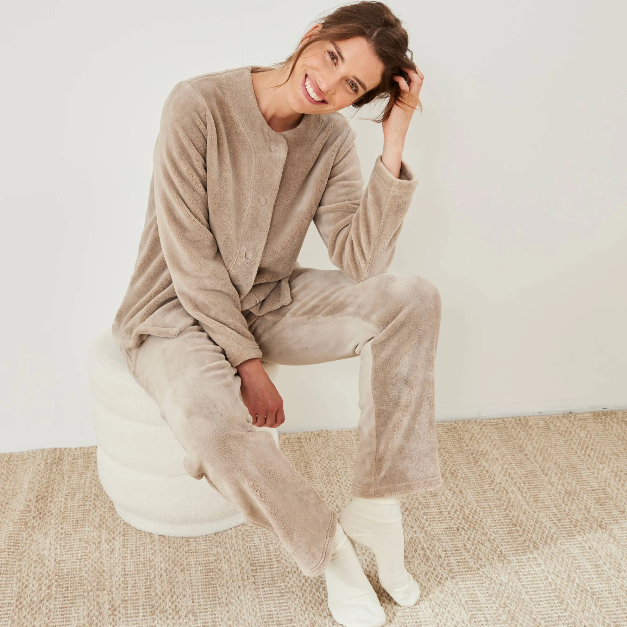 Pyjama<Blancheporte Effen pyjama in fleece lichttaupe