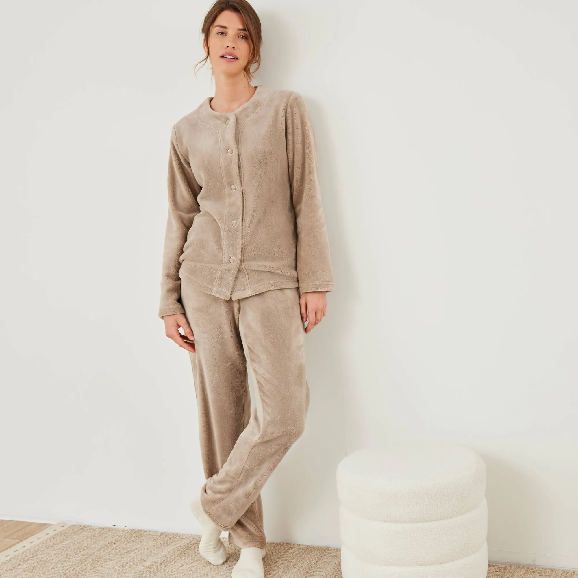 Pyjama<Blancheporte Effen pyjama in fleece lichttaupe