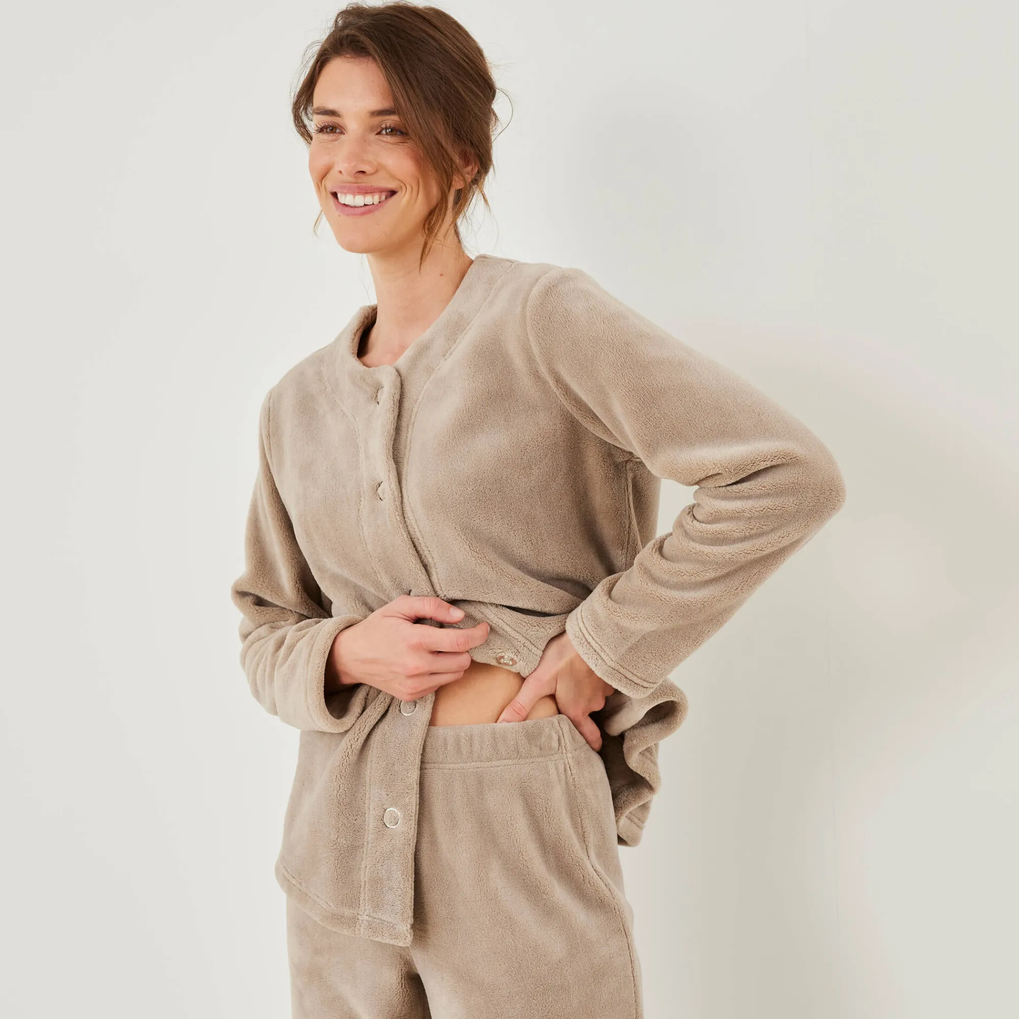 Pyjama<Blancheporte Effen pyjama in fleece lichttaupe