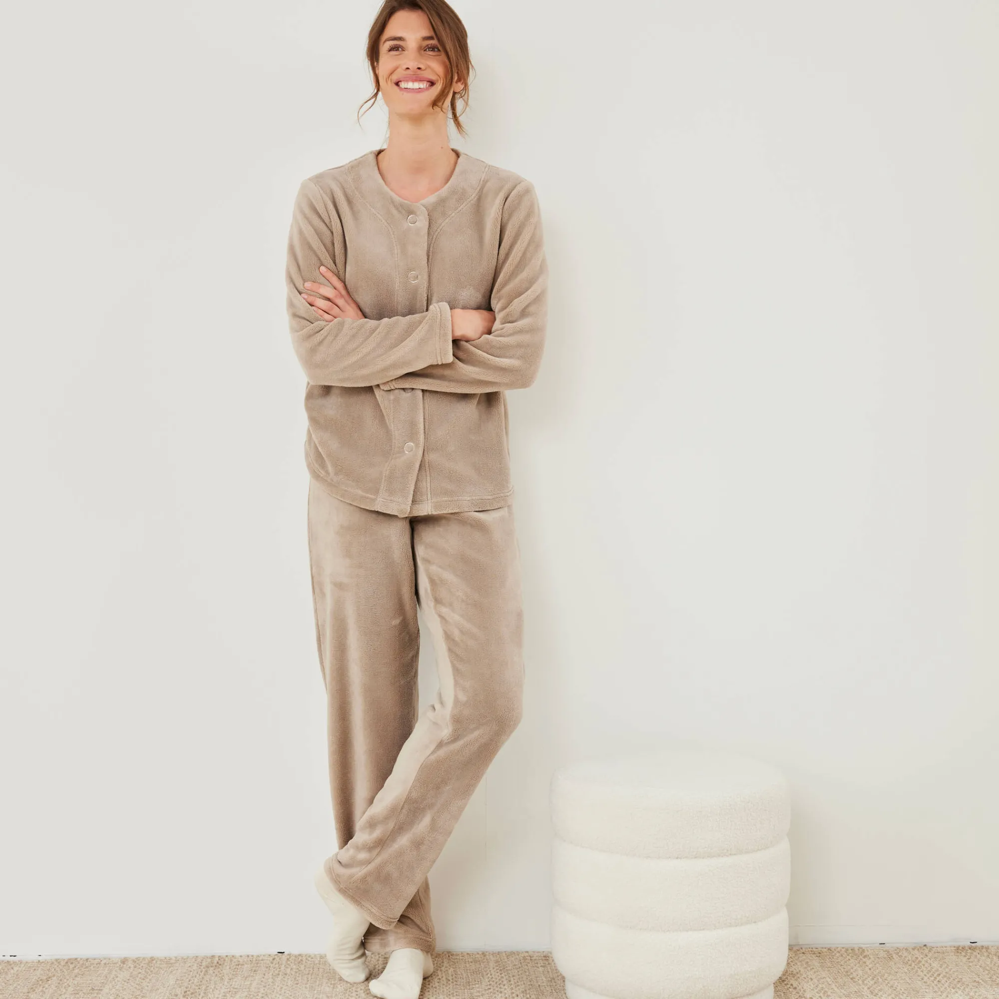 Pyjama<Blancheporte Effen pyjama in fleece lichttaupe