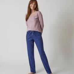 Pyjama<Blancheporte Effen pyjamabroek in katoen met lintje met bloemenprint marine