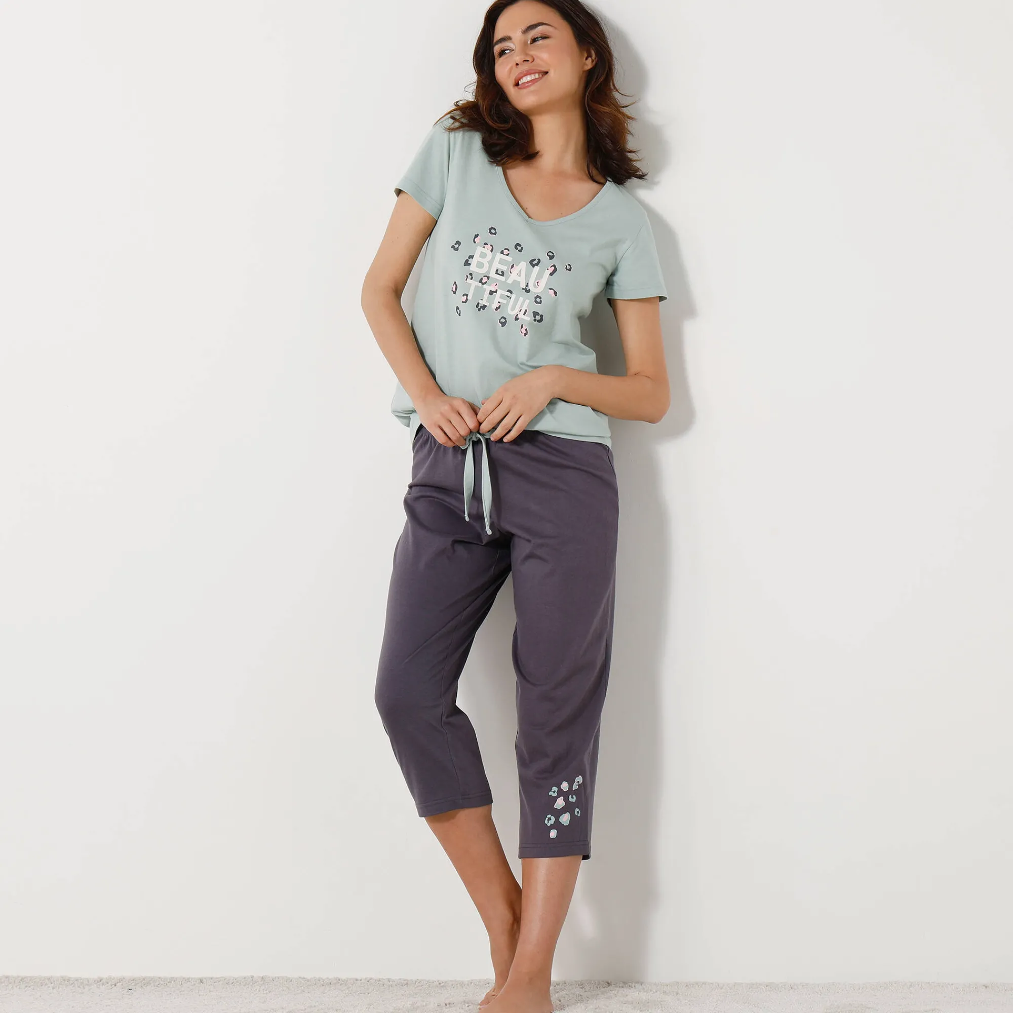 Pyjama<Blancheporte Effen 3/4-pyjamabroek met geplaatste print "Beautiful" antracietgrijs