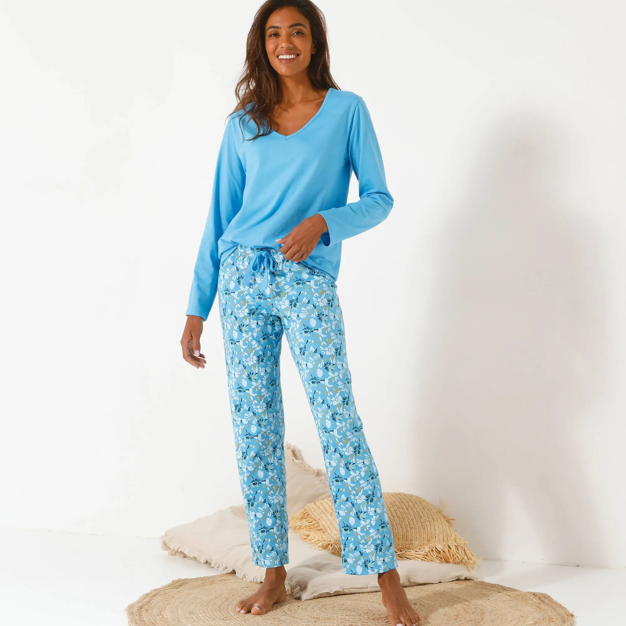 Pyjama<Blancheporte Effen pyjamashirt met lange mouwen blauw