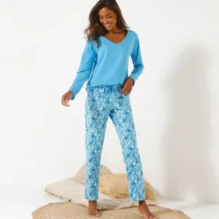 Pyjama<Blancheporte Effen pyjamashirt met lange mouwen blauw