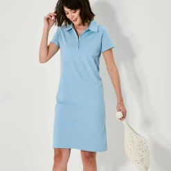 Jurk<Blancheporte Effen, rechte jurk met polokraag, stretchtricot hemelsblauw