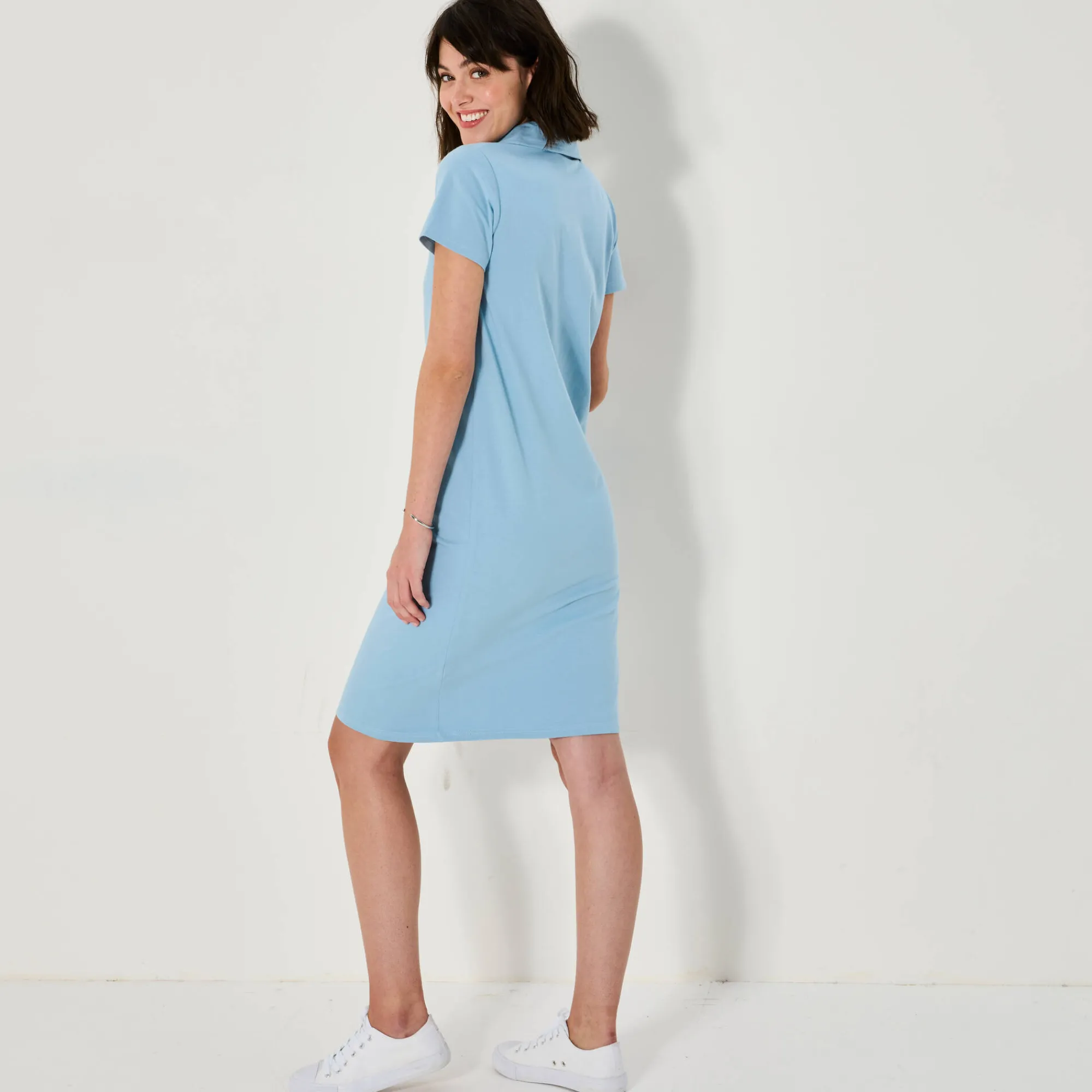 Jurk<Blancheporte Effen, rechte jurk met polokraag, stretchtricot hemelsblauw