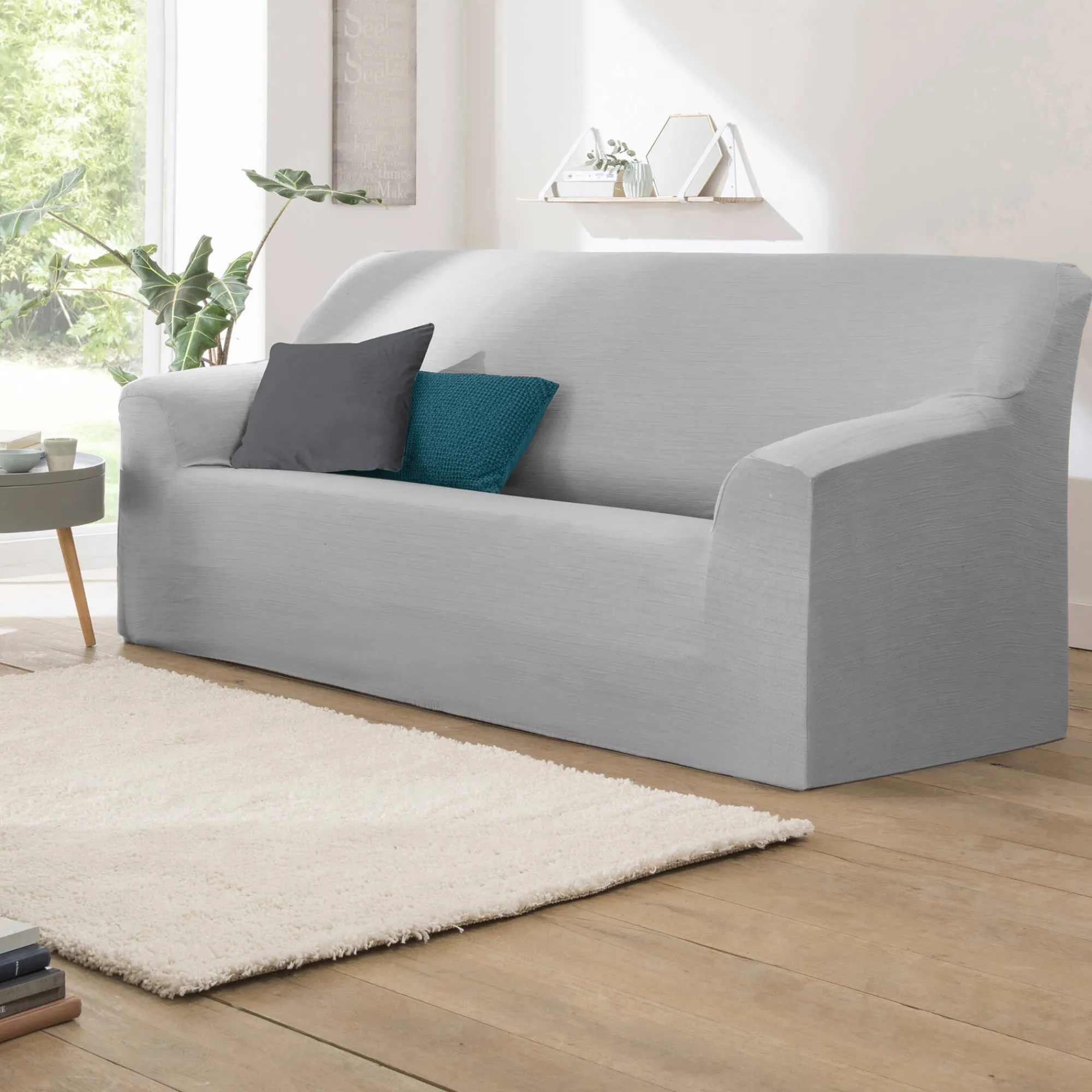 Zitbankhoes<Blancheporte Effen rekbare hoes voor fauteuil en zitbank met armleuningen parelgrijs
