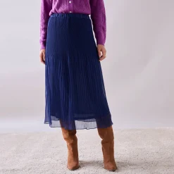 Rok<Blancheporte Effen rok in plissévoile, gerecycleerd polyester(**) - grote lengte indigo
