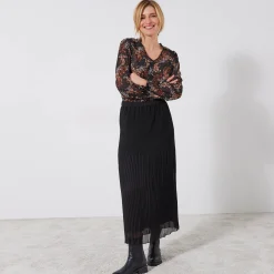 Rok<Blancheporte Effen rok in plissévoile, gerecycleerd polyester(**) - grote lengte zwart