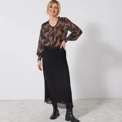 Rok<Blancheporte Effen rok in plissévoile, gerecycleerd polyester(**) - grote lengte zwart