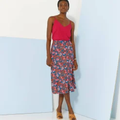 Rok<Blancheporte Effen rok met knopen en bloemenprint, viscose blauw / violine