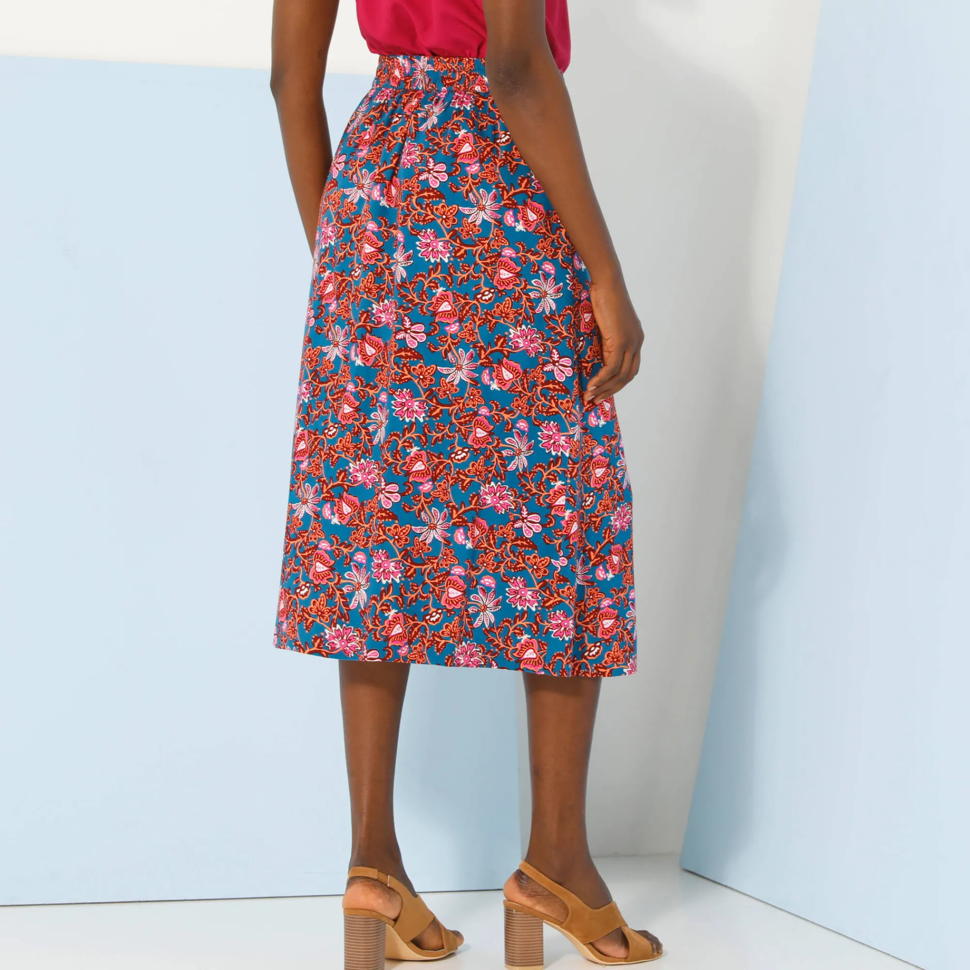 Rok<Blancheporte Effen rok met knopen en bloemenprint, viscose blauw / violine