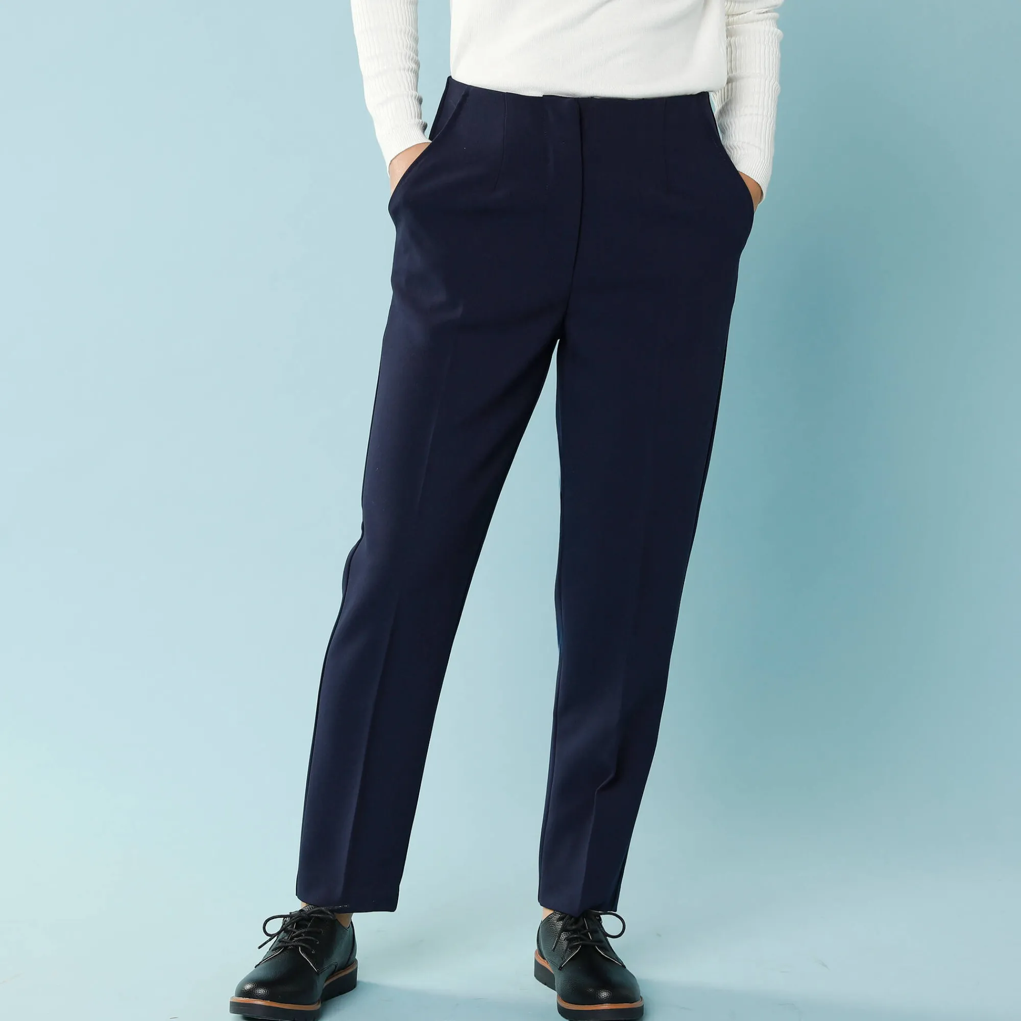 Broek<Blancheporte Effen slimbroek, kleine lengtes marine