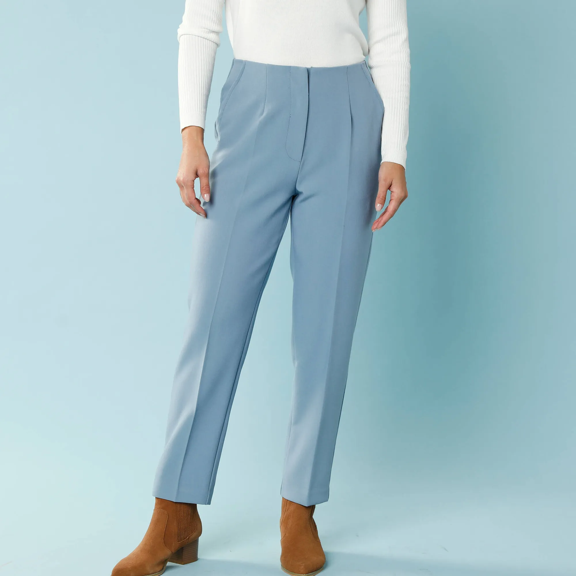 Broek<Blancheporte Effen slimbroek, kleine lengtes leigrijsblauw