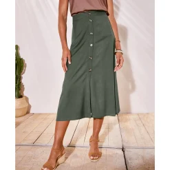 Rok<Blancheporte Effen, soepele rok met knopen, speciaal voor kleine lengtes kaki