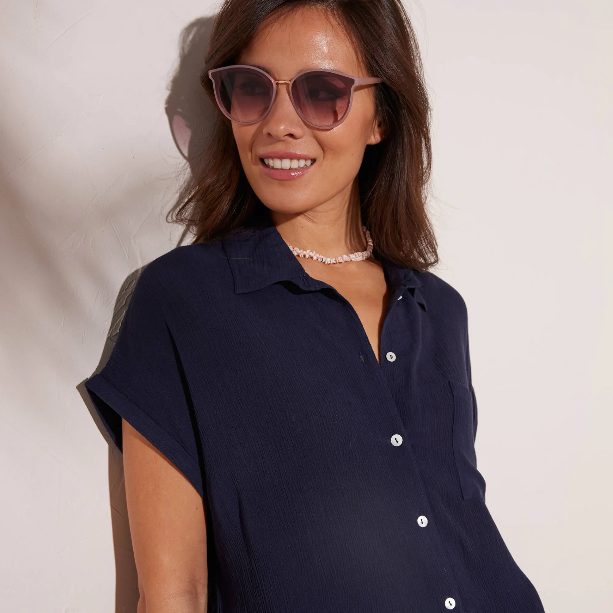 Jurk<Blancheporte Effen strandjurk, crepon marine