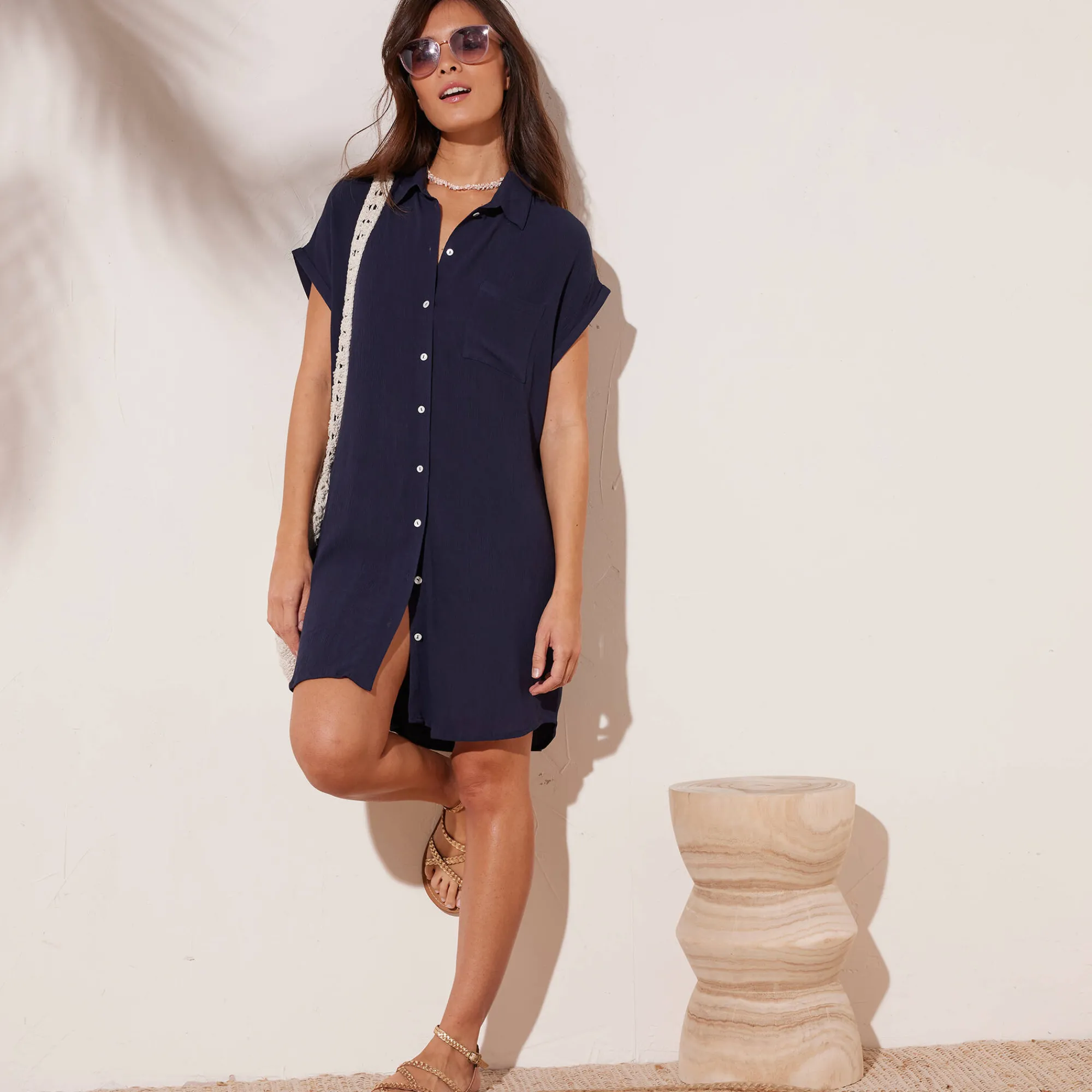 Jurk<Blancheporte Effen strandjurk, crepon marine