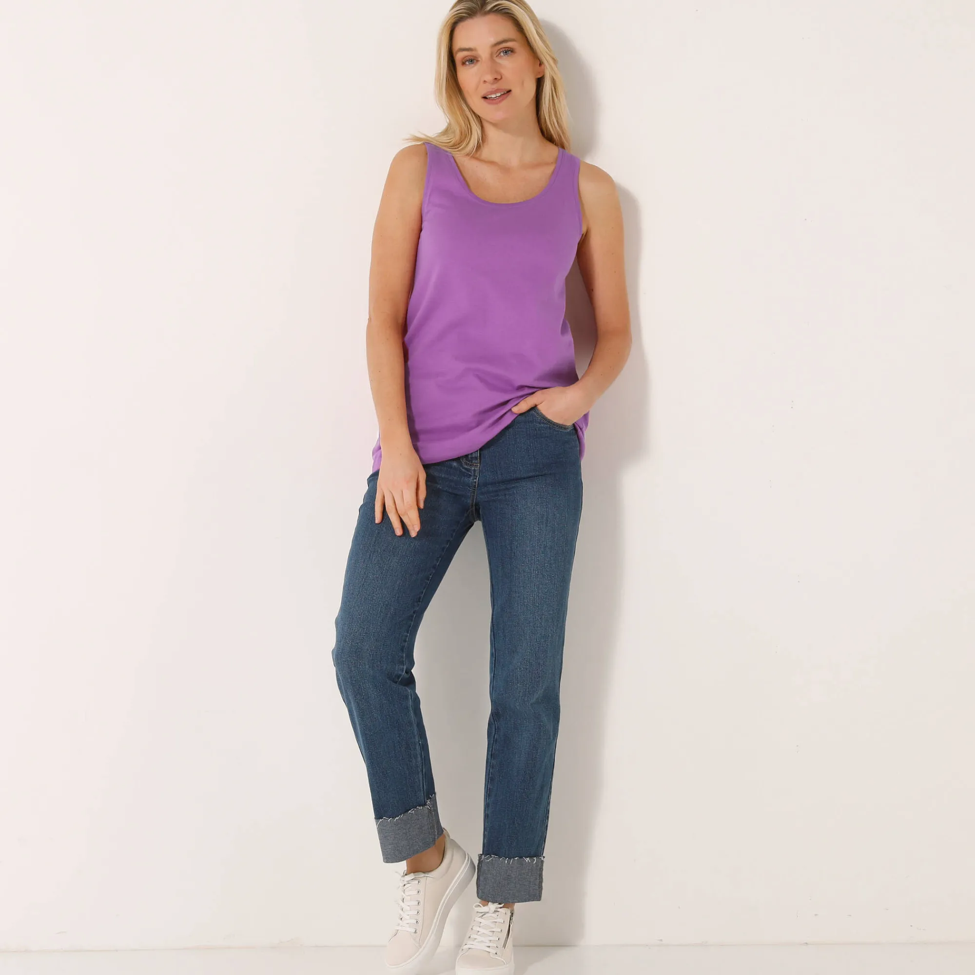 T-Shirt En Topje<Blancheporte Effen topje in biokatoen met ronde hals, eco-verantwoord violine