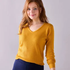 Trui En Vest<Blancheporte Effen trui in ribbeltricot met V-hals kerrie