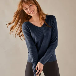Trui En Vest<Blancheporte Effen trui in ribbeltricot met V-hals marine