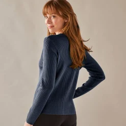 Trui En Vest<Blancheporte Effen trui in ribbeltricot met V-hals marine
