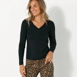 Trui En Vest<Blancheporte Effen trui in ribbeltricot met V-hals zwart