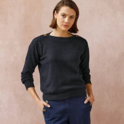 Trui En Vest<Blancheporte Effen trui met boothals, knopen aan de schouders marine