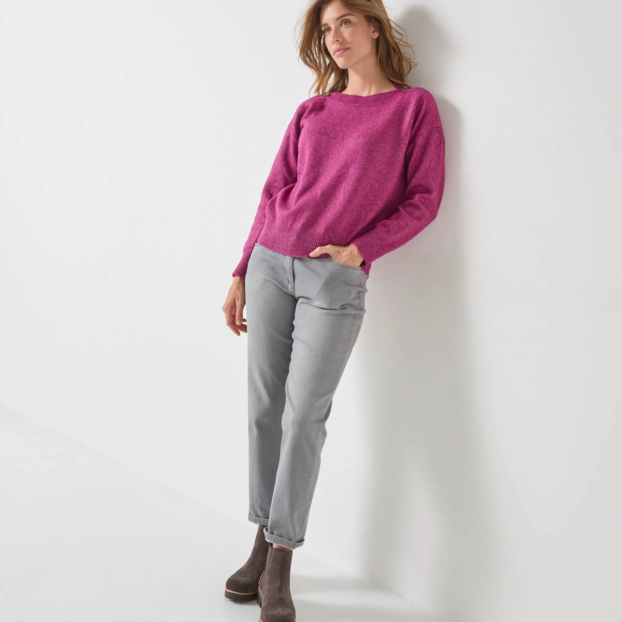 Trui En Vest<Blancheporte Effen trui met boothals, knopen aan de schouders violine