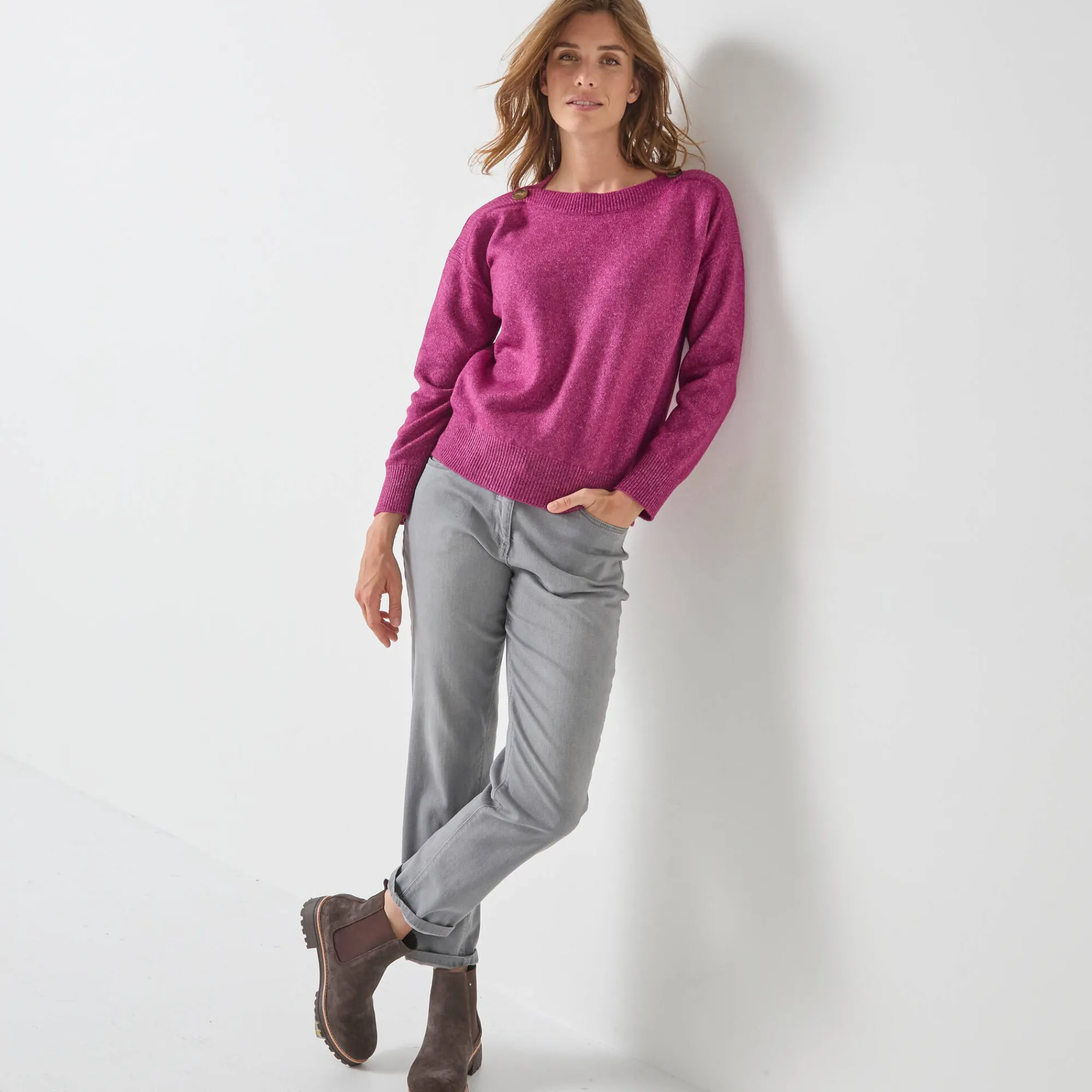Trui En Vest<Blancheporte Effen trui met boothals, knopen aan de schouders violine