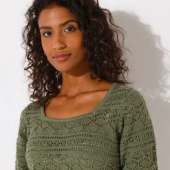 Trui En Vest<Blancheporte Effen trui met vierkante hals, ajourtricot kaki
