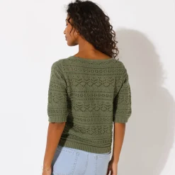 Trui En Vest<Blancheporte Effen trui met vierkante hals, ajourtricot kaki