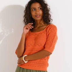 Trui En Vest<Blancheporte Effen trui met vierkante hals, ajourtricot mandarijn