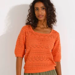 Trui En Vest<Blancheporte Effen trui met vierkante hals, ajourtricot mandarijn