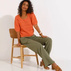 Trui En Vest<Blancheporte Effen trui met vierkante hals, ajourtricot mandarijn