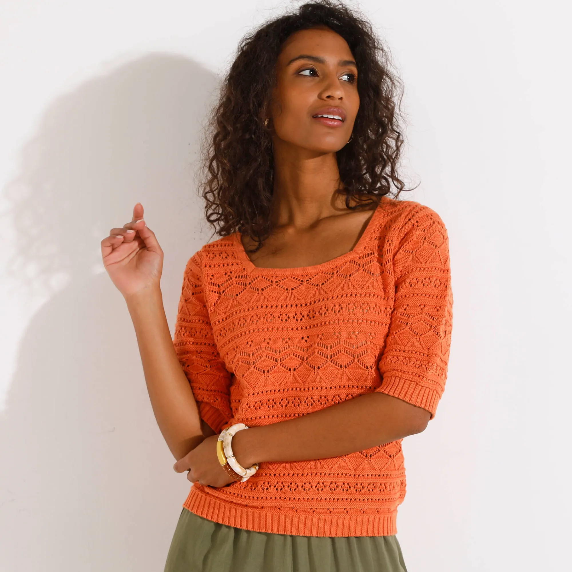 Trui En Vest<Blancheporte Effen trui met vierkante hals, ajourtricot mandarijn