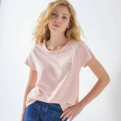 T-Shirt En Topje<Blancheporte Effen T-shirt met 'hart' borduursel, korte mouwen zachtroze