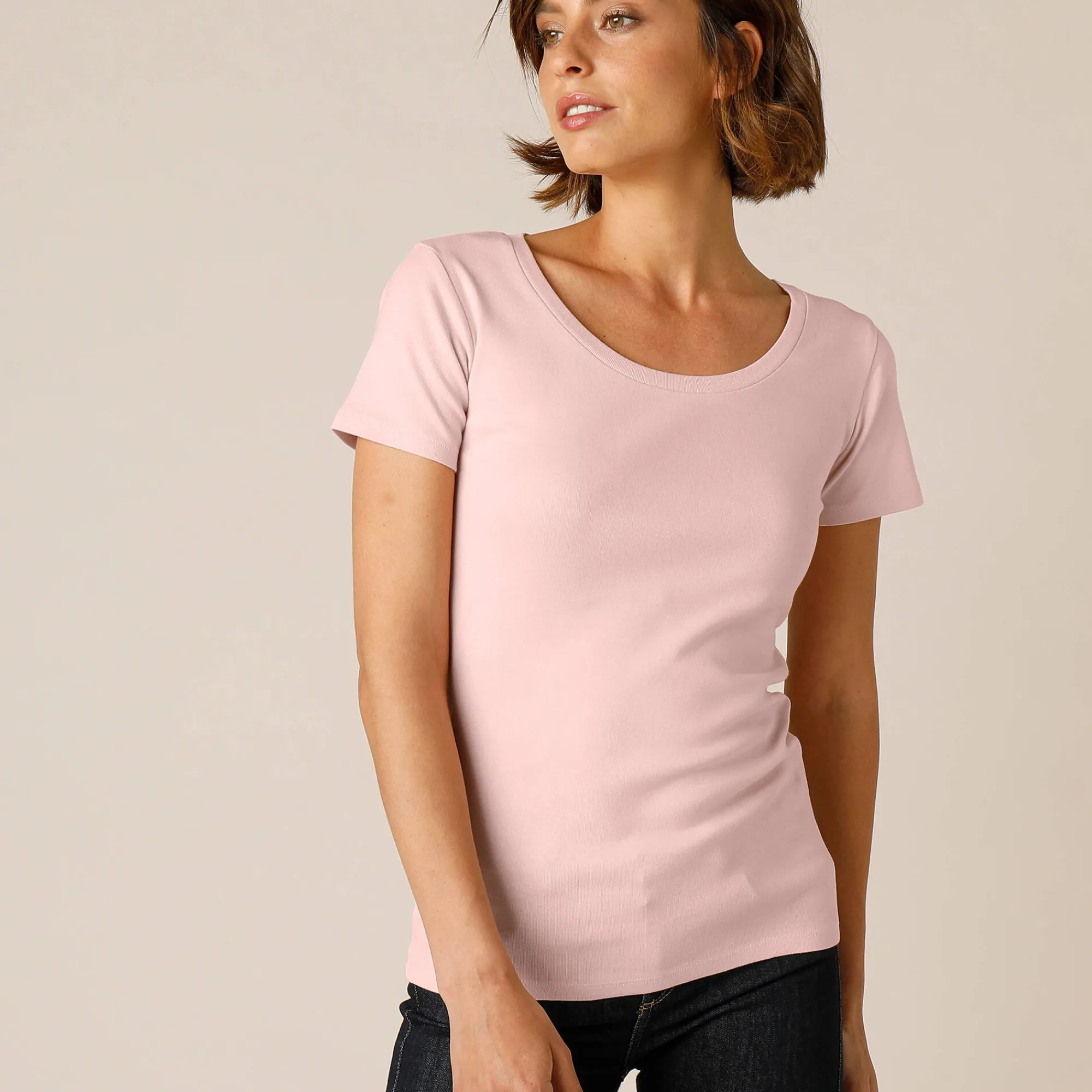T-Shirt En Topje<Blancheporte Effen T-shirt met korte mouwen en ronde hals in biokatoen(**) poederroze