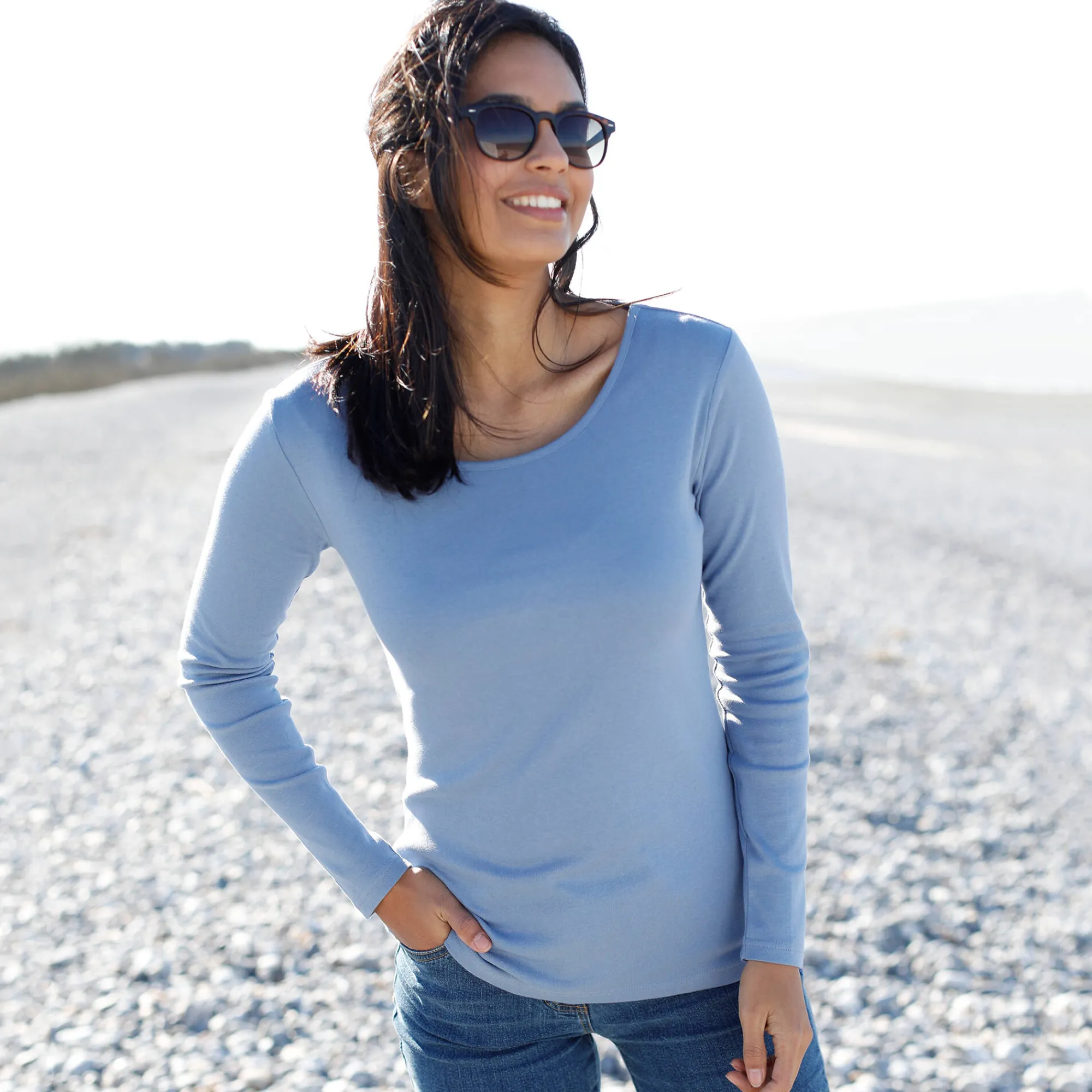 T-Shirt En Topje<Blancheporte Effen T-shirt met lange mouwen in biokatoen(**) grijsblauw