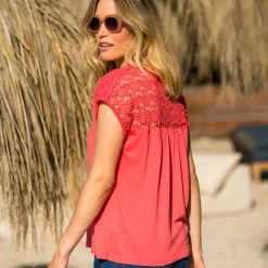 T-Shirt En Topje<Blancheporte Effen T-shirt met macramé koraal