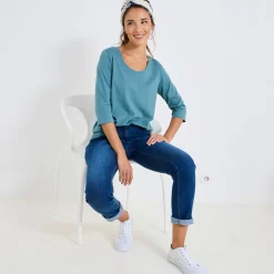 T-Shirt En Topje<Blancheporte Effen T-shirt met 3/4-mouwen en ronde hals, katoen grijsgroen