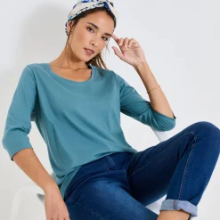 T-Shirt En Topje<Blancheporte Effen T-shirt met 3/4-mouwen en ronde hals, katoen grijsgroen