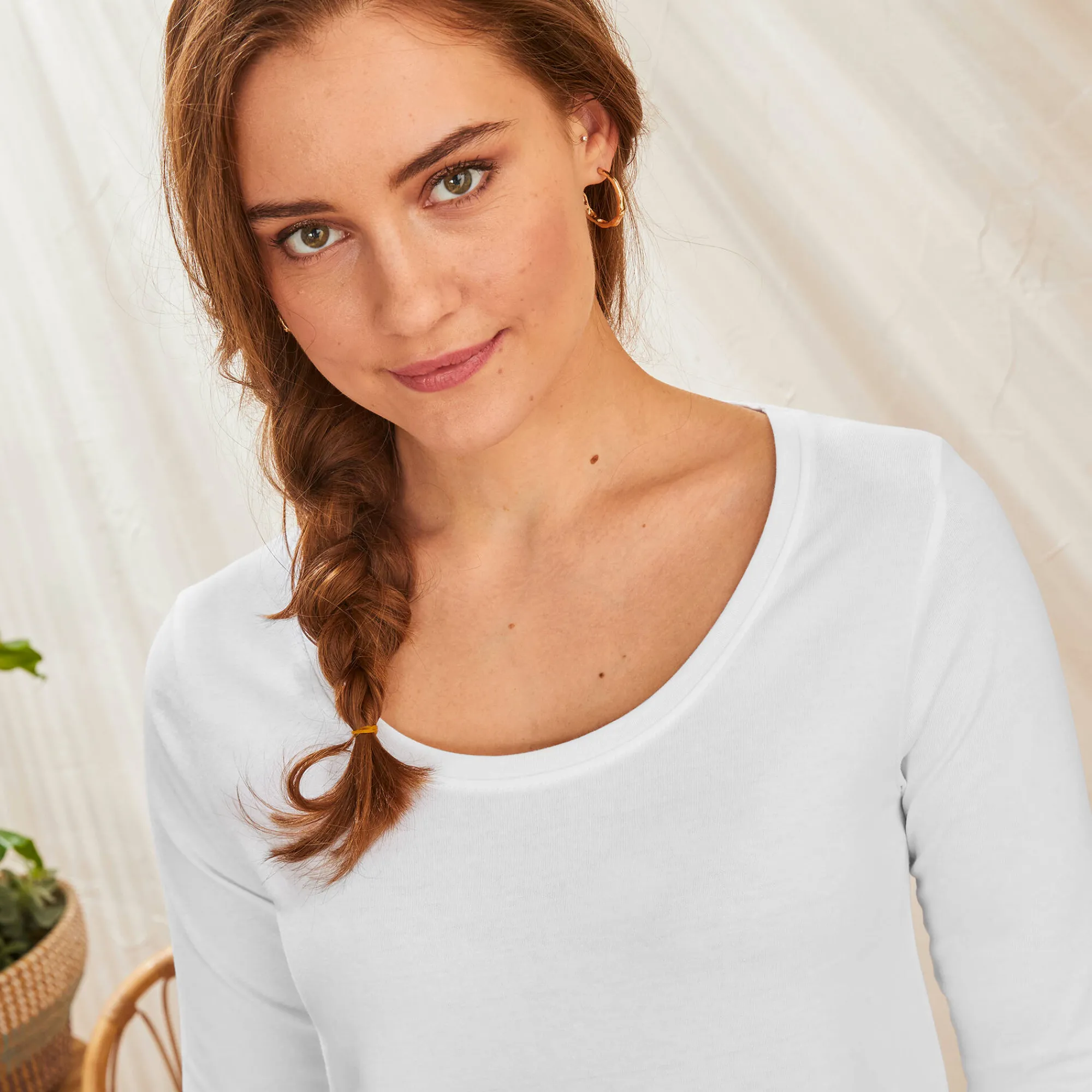 T-Shirt En Topje<Blancheporte Effen T-shirt met 3/4-mouwen en ronde hals, katoen wit