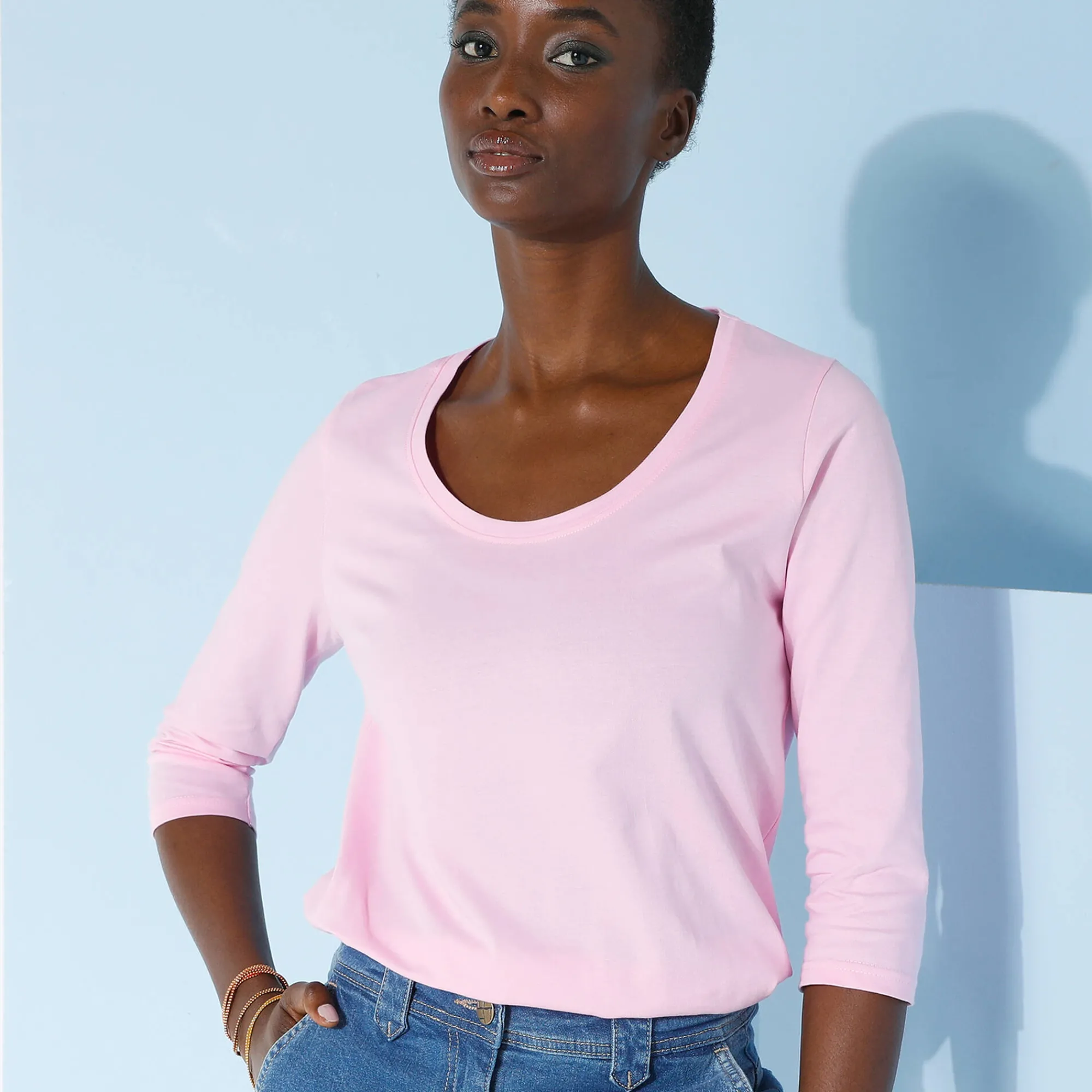 T-Shirt En Topje<Blancheporte Effen T-shirt met 3/4-mouwen en ronde hals, katoen zachtroze