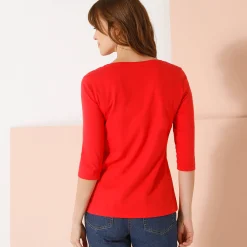 T-Shirt En Topje<Blancheporte Effen T-shirt met 3/4-mouwen en ronde hals, katoen klaproosrood