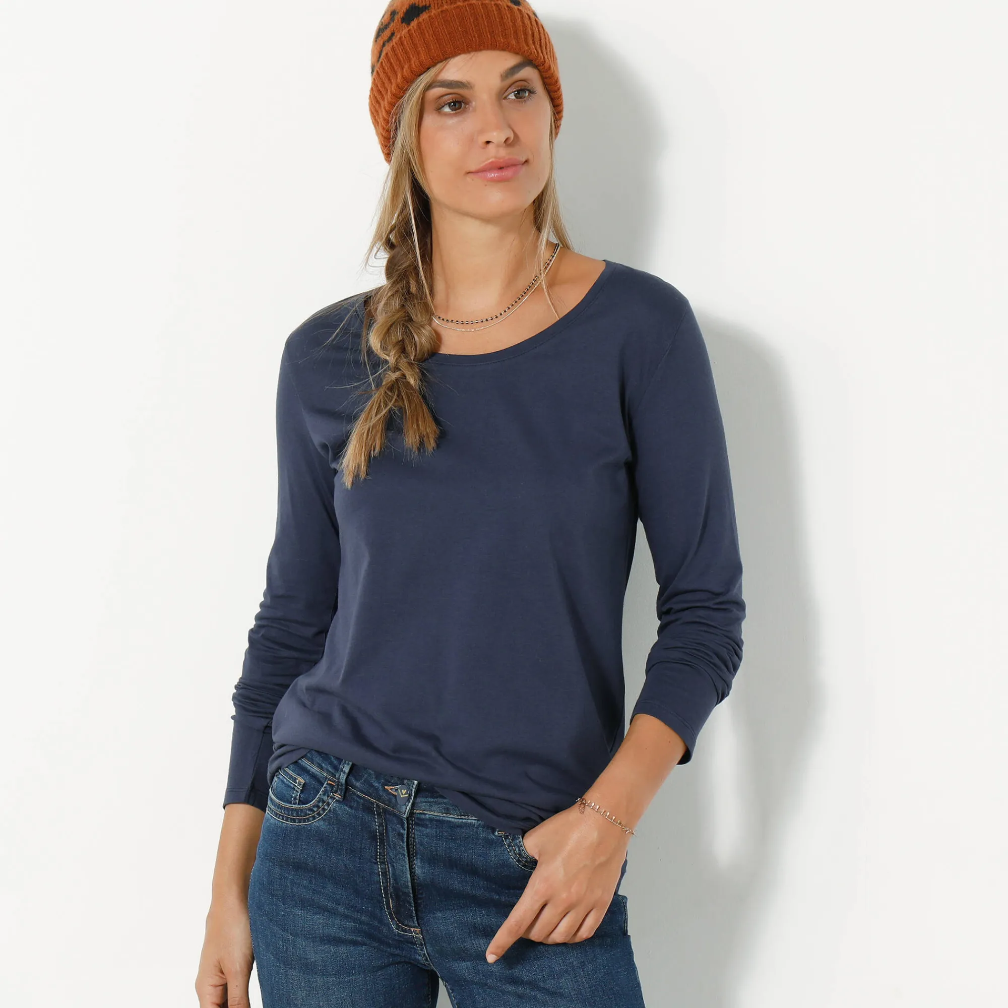 T-Shirt En Topje<Blancheporte Effen T-shirt met ronde hals en lange mouwen marine